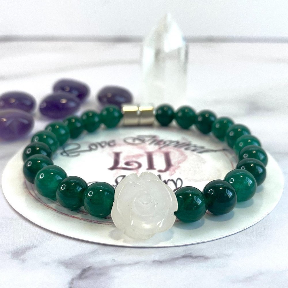 Natural Dark Green Jade Bracelet for Women, Jade Bracelet with White Jade Rose